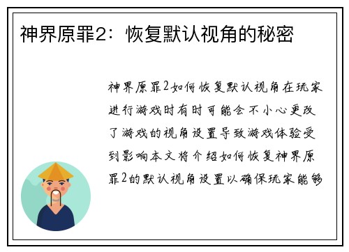 神界原罪2:恢复默认视角的秘密